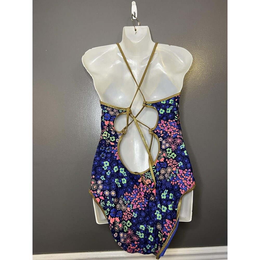 Aerie Swimsuit Womens XL Blue Floral One Piece Triangle Crisscross Back Strappy - Picture 6 of 12